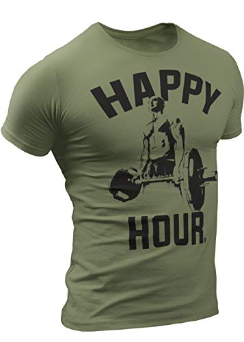 Happy Hour T-Shirt for Men Workout Weightlifting Funny Gym Tshirt (Large, 004. Happy Hour Workout T-Shirt Military Green)