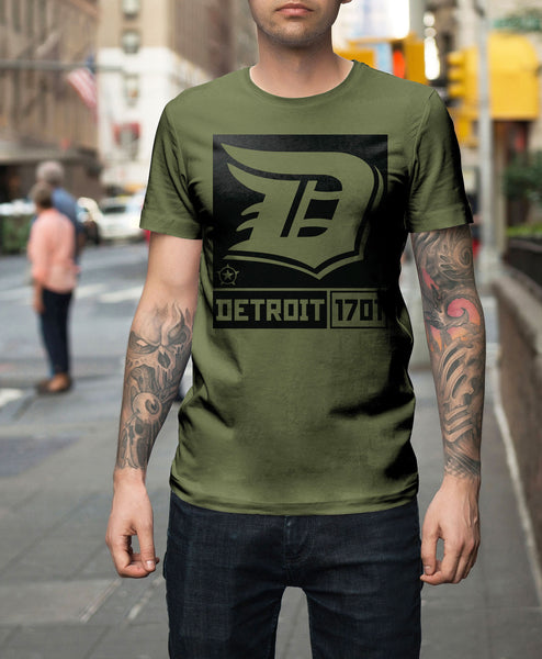 (0070) Detroit T-Shirt: Detroit D Square Military Army Green