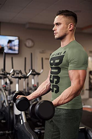 Lift Like A Boss Workout Shirt for Men Funny Gym Motivational Sayings T-Shirt (Large, 035. Lift Like A Boss Workout T-Shirt Military Green)