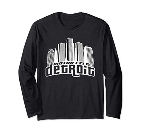 Detroit Motor City Skyline Mens Vintage Novelty Graphic Long Sleeve T-Shirt