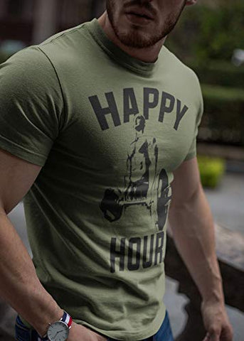 Happy Hour T-Shirt for Men Workout Weightlifting Funny Gym Tshirt (Large, 004. Happy Hour Workout T-Shirt Military Green)