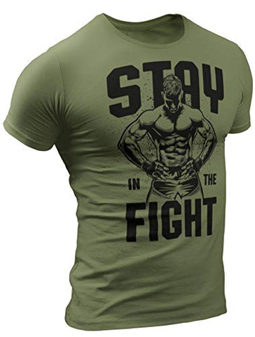 Mens Workout Shirts - Happy Hour Funny Weightlifting Gym Mens Shirts Tank Tops (Large, 032. Stay in The Fight Workout T-Shirt Military Green)